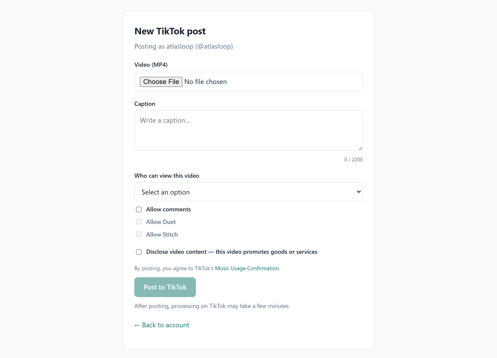 The Lowcountry AI Systems composer in direct-publish mode: video file picker, caption field with character counter, audience selector with no default, interaction checkboxes, and the commercial-content disclosure toggle.